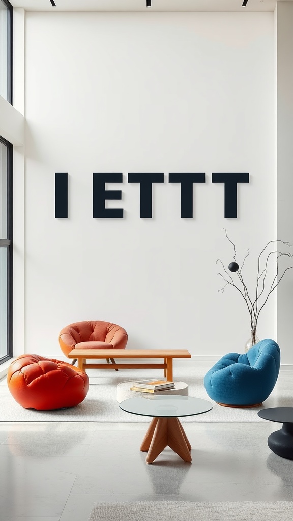 A modern living space featuring sculptural furniture, including colorful chairs and a wooden coffee table