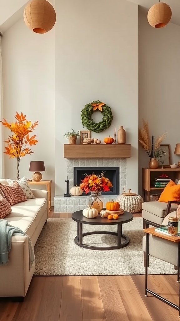 A cozy living room decorated for fall with pumpkins, a floral arrangement, and warm colors.