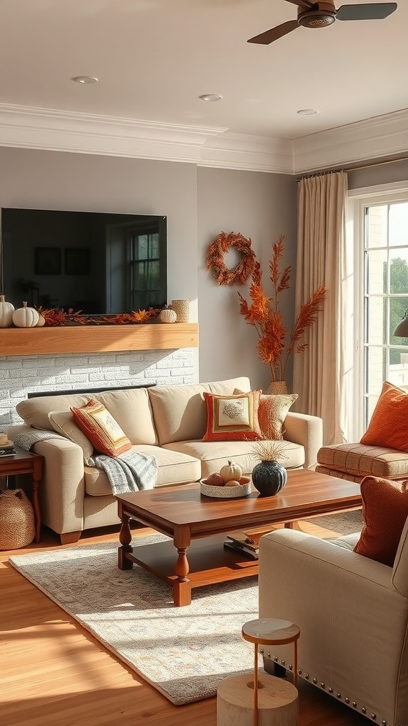 Cozy autumn living room with beige sofa, orange accents, and seasonal decor.