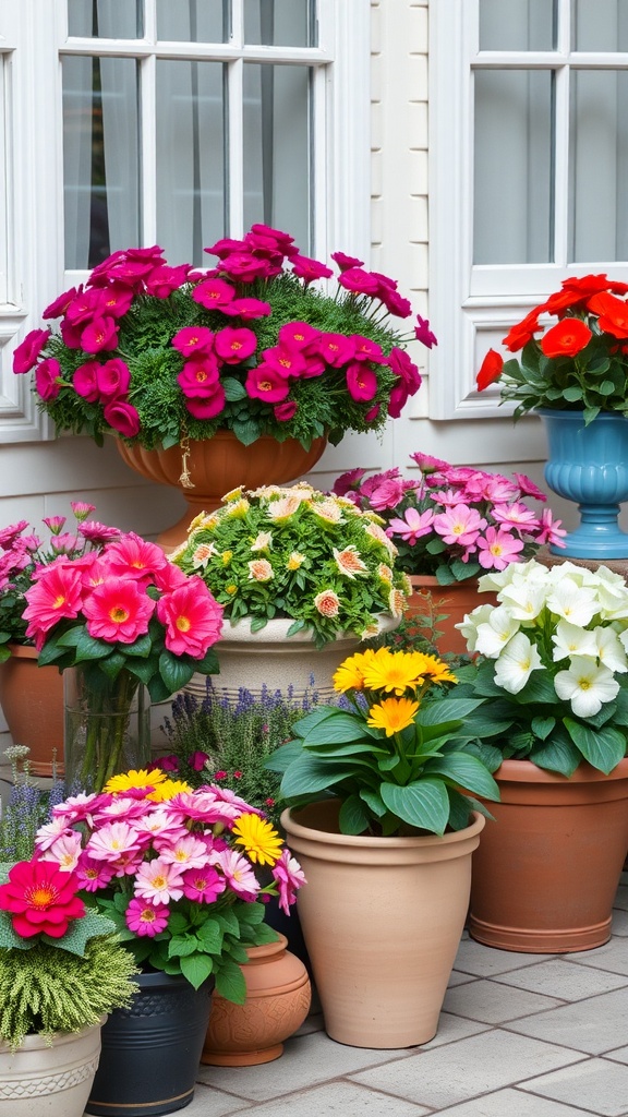 Colorful seasonal flower arrangements in various pots on a patio