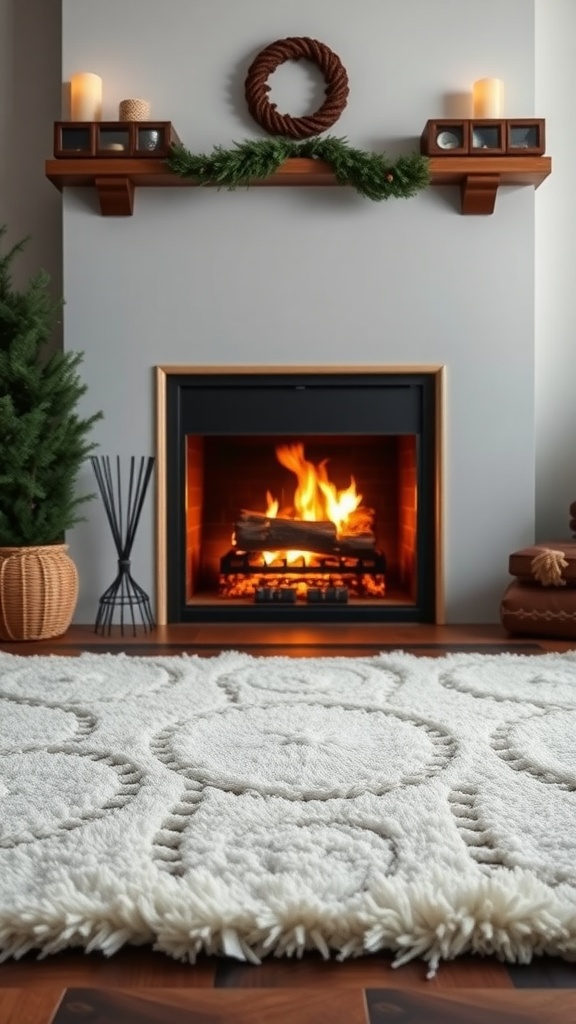 A cozy living room with a fireplace, showcasing a fluffy hearth rug and decorative elements
