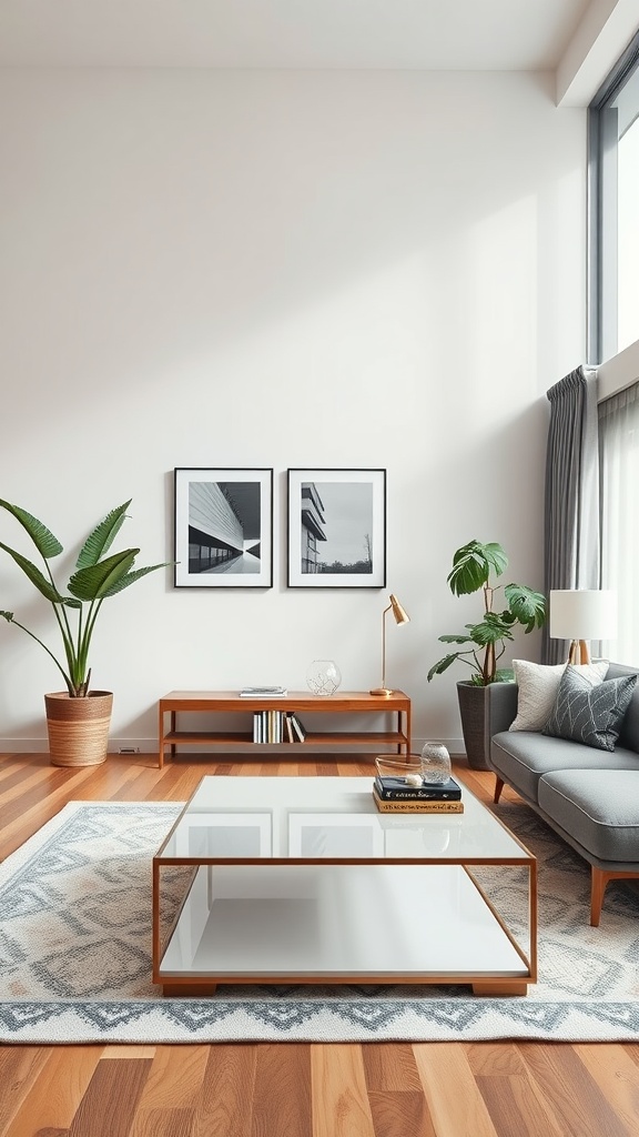 A modern living room featuring a sleek glass coffee table with wooden accents, surrounded by a stylish sofa and decorative plants.