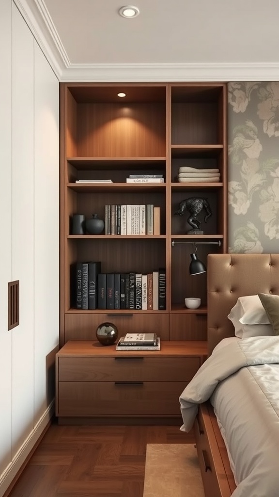 Elegant bedroom storage solution with wooden shelving and drawer unit