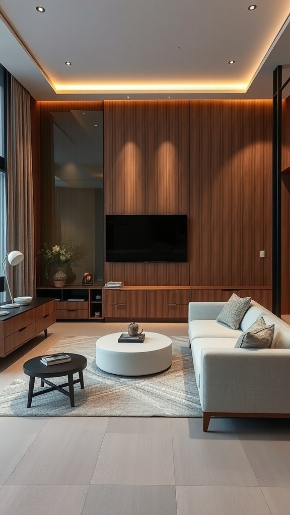 Modern living room featuring smart tech integration with sleek furniture, wall-mounted TV, and ambient lighting.