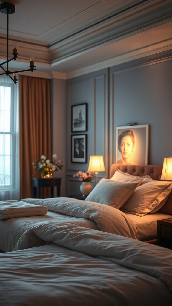 A cozy bedroom with soft ambient lighting from bedside lamps and a chandelier, featuring elegant decor.