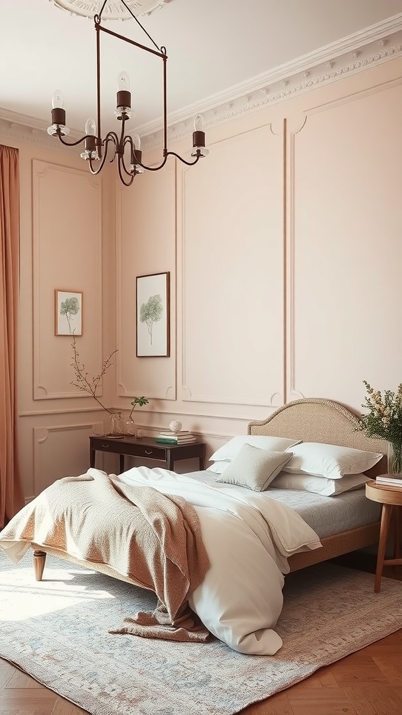 Elegant bedroom with pastel pink walls, neutral bedding, and soft textures