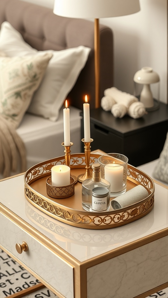 Elegant decorative tray with candles and a glass bottle on a nightstand