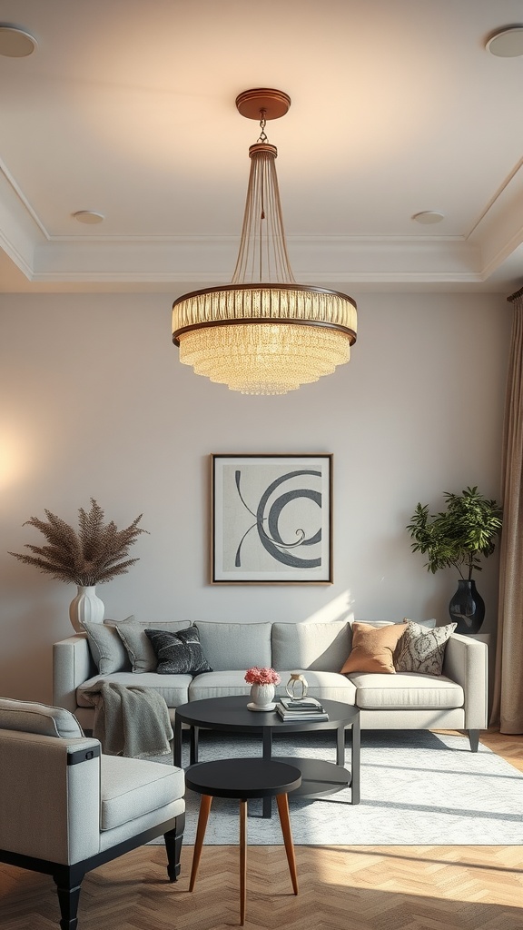 A stylish living room with a statement chandelier lighting fixture illuminating the space.