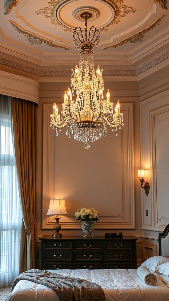 An elegant chandelier hangs in a bedroom, casting a warm glow over the space, complemented by bedside lamps and tasteful decor.