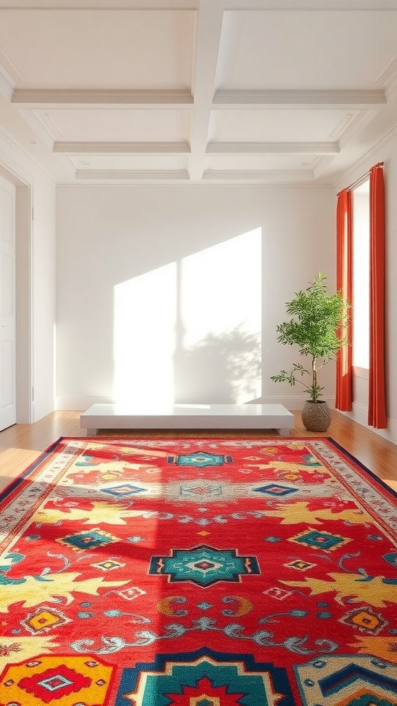A colorful statement rug in a bright room with natural light and a plant