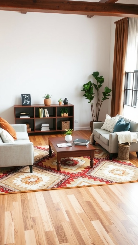 A stylish living room featuring a colorful area rug, modern sofas, and a wooden coffee table.