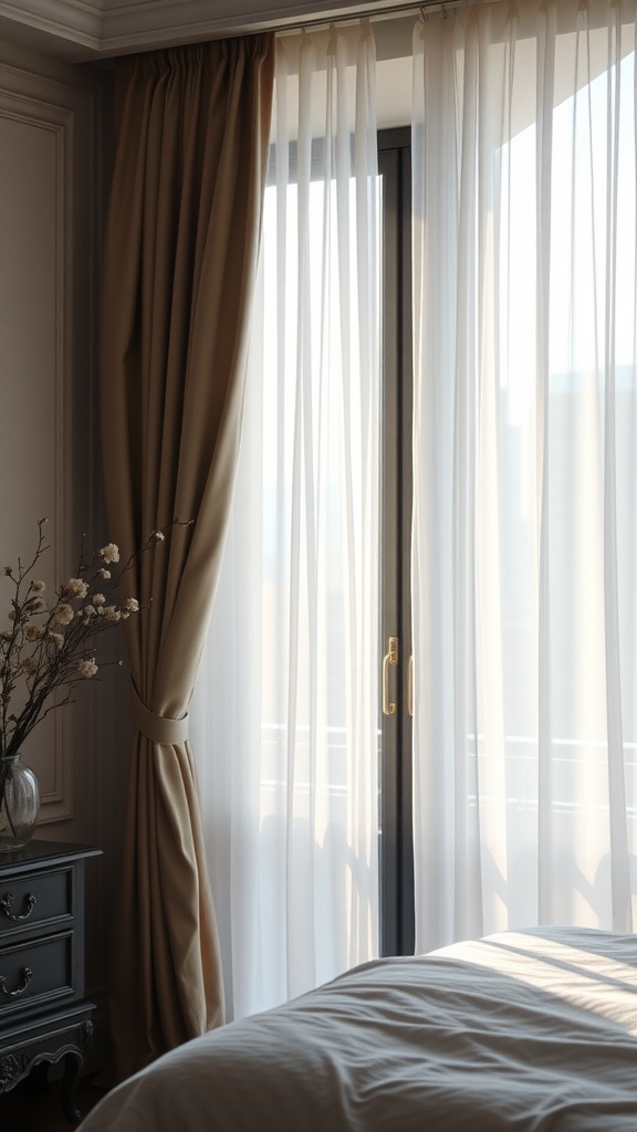 Elegant bedroom with light sheer curtains and solid drapes by a window