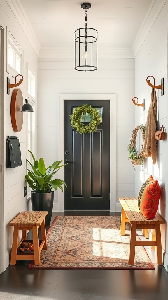 A stylish entryway featuring a black door, light wood benches, a green plant, and a wreath, creating a warm welcome.