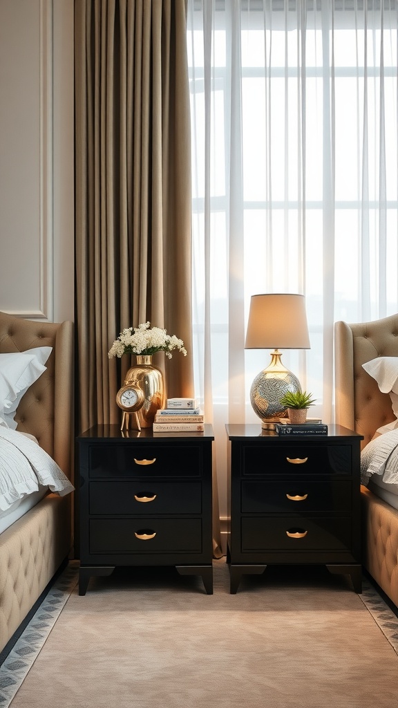 Two stylish black nightstands with gold handles, decorated with a lamp, clock, and plant, next to a plush tufted bed.