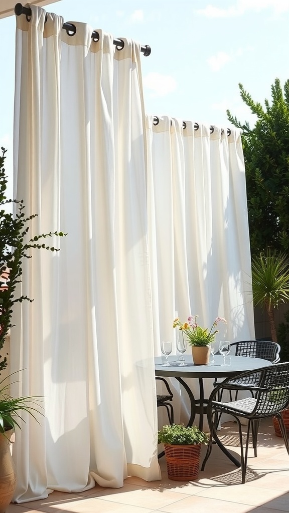 Stylish outdoor curtains with a table and chairs on a sunny patio