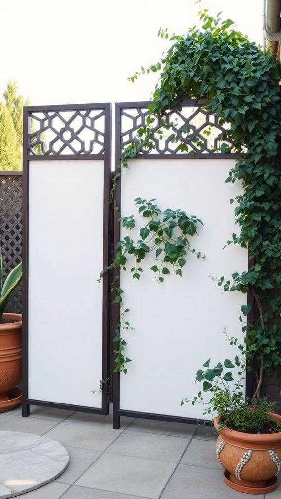 A stylish privacy screen with a geometric pattern, adorned with climbing plants, set in a cozy patio area.