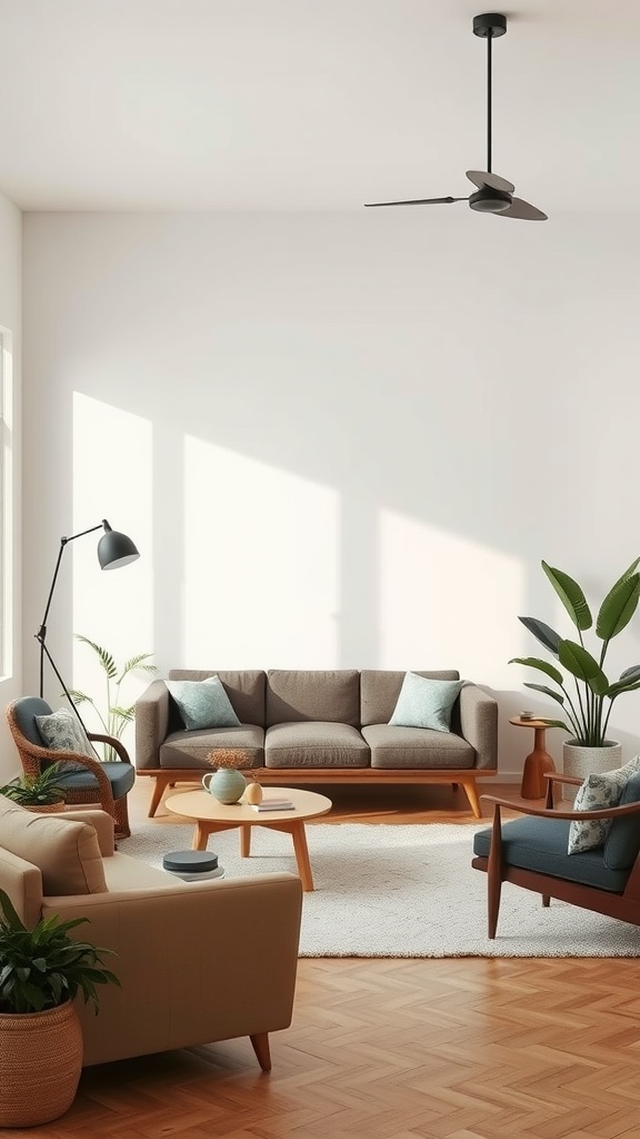 A modern living room featuring sustainable furniture and decor with plants.