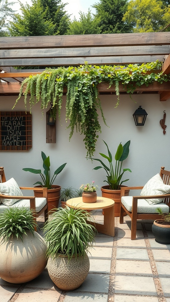 A cozy outdoor patio with wooden furniture, numerous plants in terracotta pots, and lush greenery overhead.