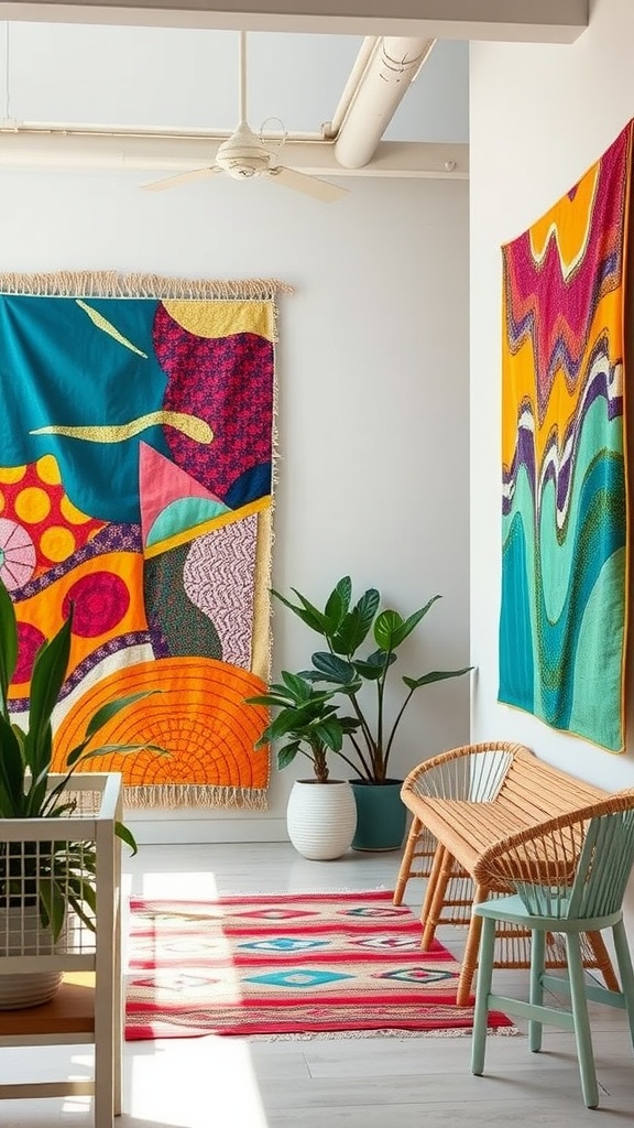Colorful textile wall art with tapestries and plants in a cozy room