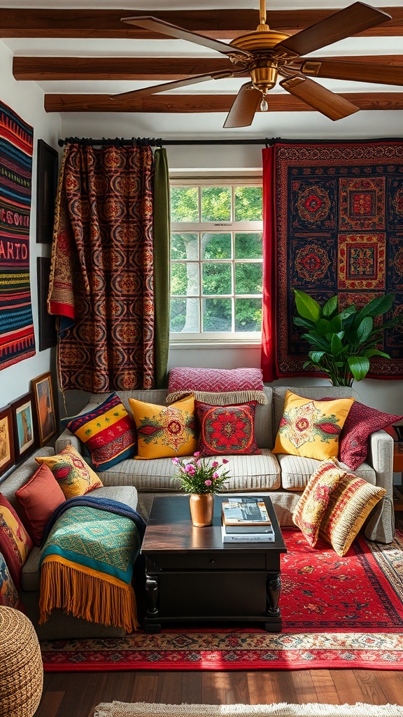 Cozy living room filled with colorful textiles and patterns, featuring pillows, throws, and wall hangings.