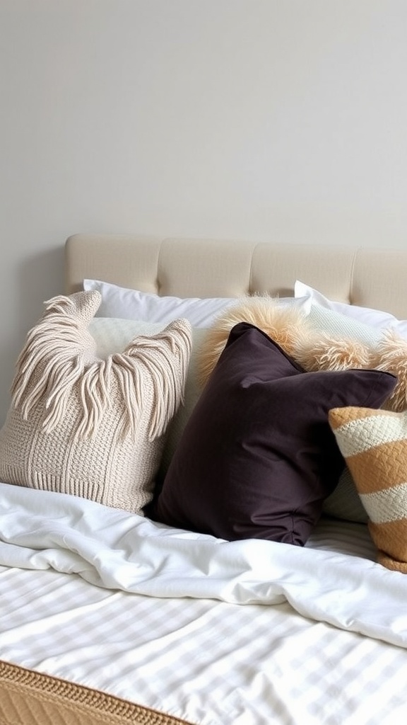 A cozy bed with an assortment of textured throw pillows in neutral and warm tones.