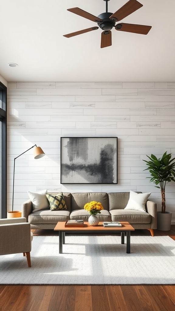 A cozy living room featuring textured shiplap wall treatment, a neutral sofa, a wooden coffee table, and decorative plants.