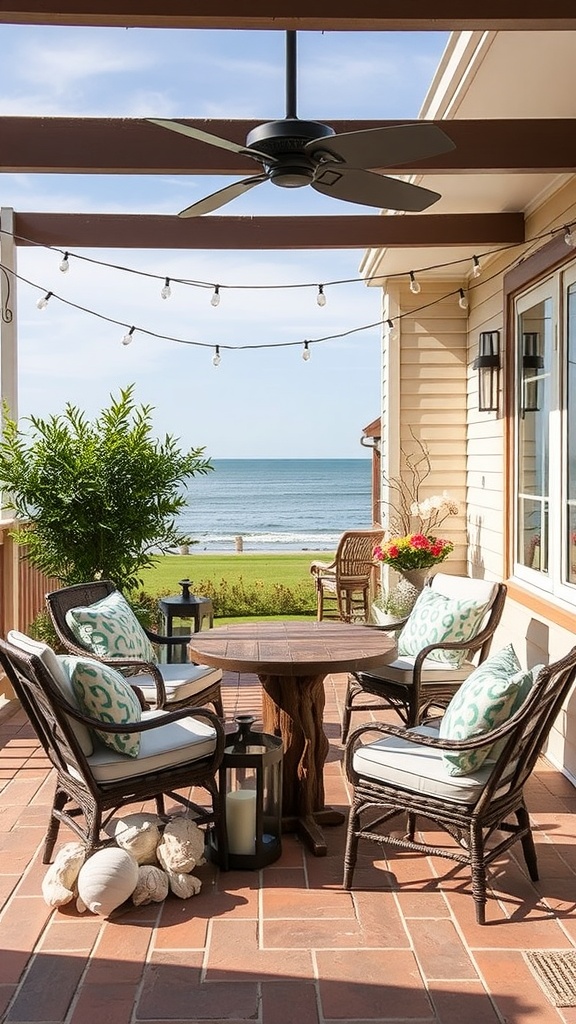 A cozy outdoor patio with wicker chairs, a wooden table, string lights, and a coastal view.