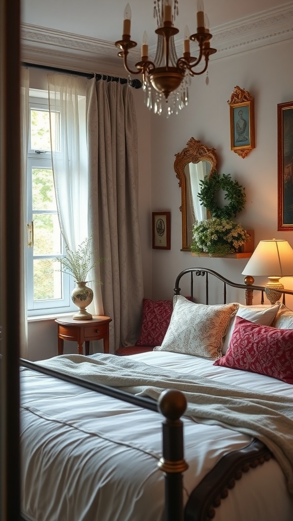 A cozy vintage-styled bedroom featuring elegant decor with a bed, side table, chandelier, and framed artwork.