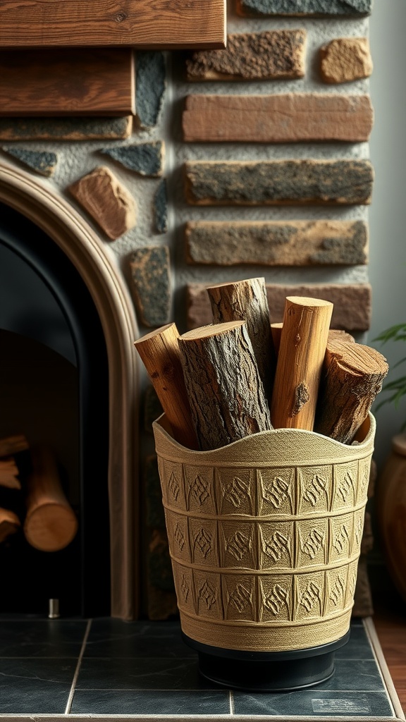 A decorative firewood holder filled with logs, positioned next to a stone fireplace.