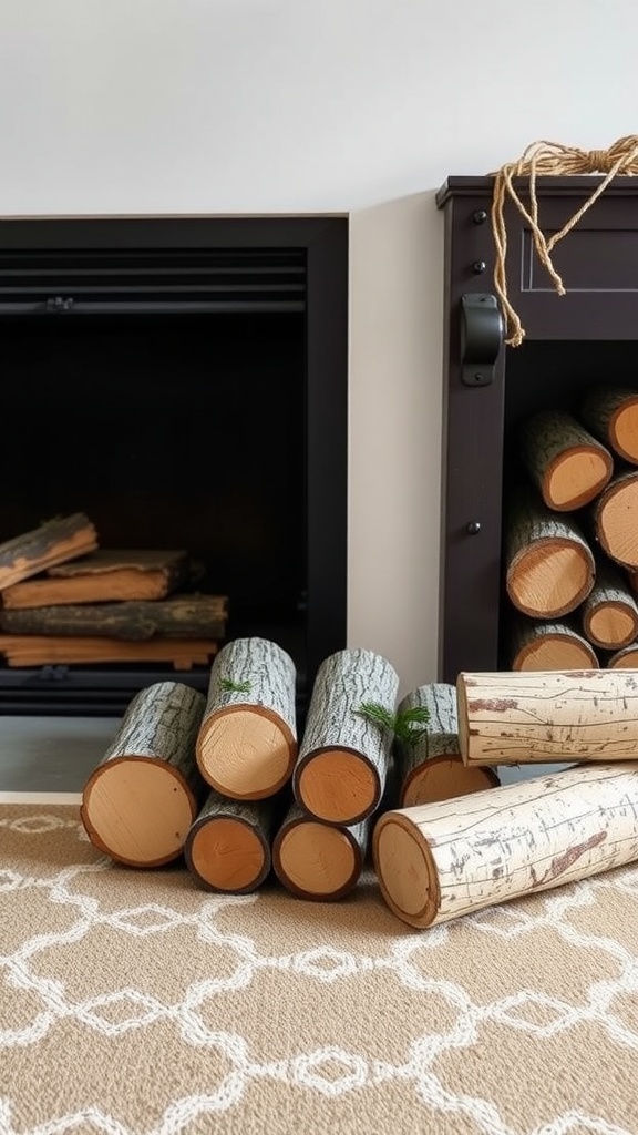 Decorative logs arranged near a fireplace with a cozy rug.