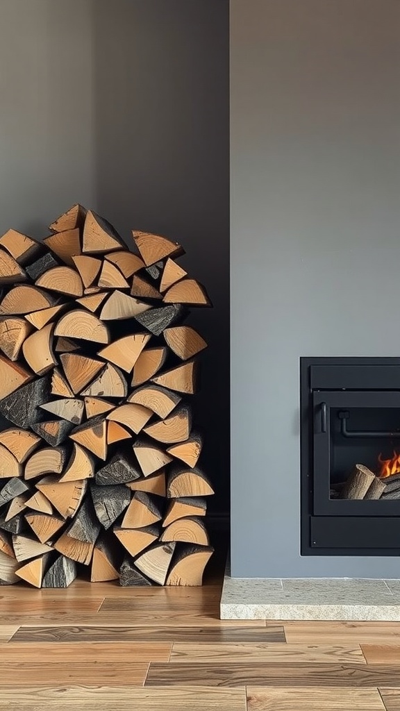 A neatly stacked pile of firewood next to a modern fireplace in a cozy setting