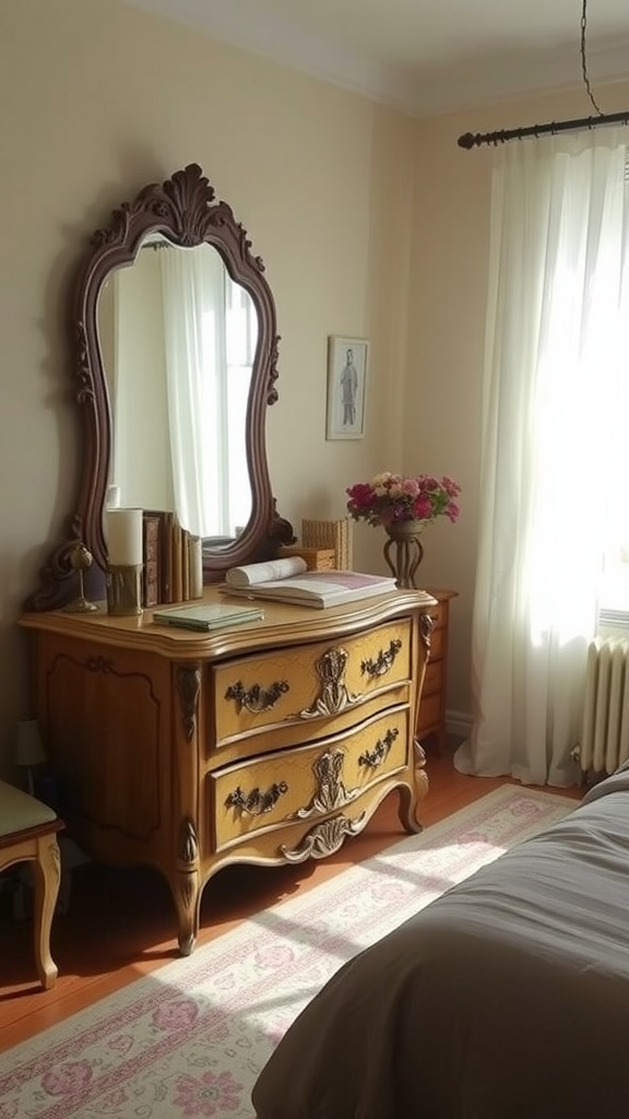 A cozy bedroom featuring vintage-inspired furniture, including a wooden dresser with an ornate mirror, soft curtains, and a rug.