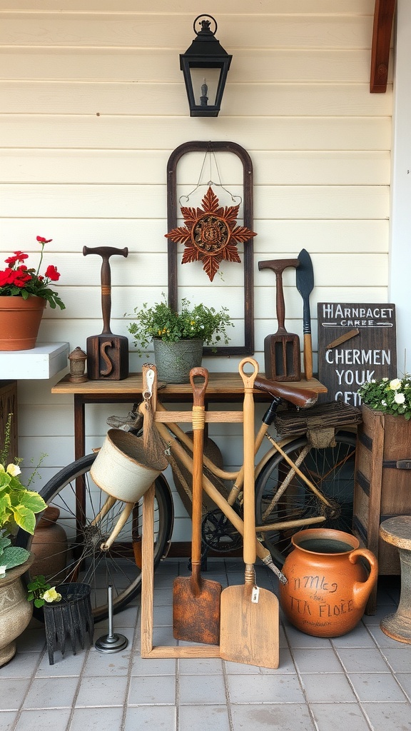 A cozy outdoor patio featuring vintage gardening tools, a bicycle, and potted plants.