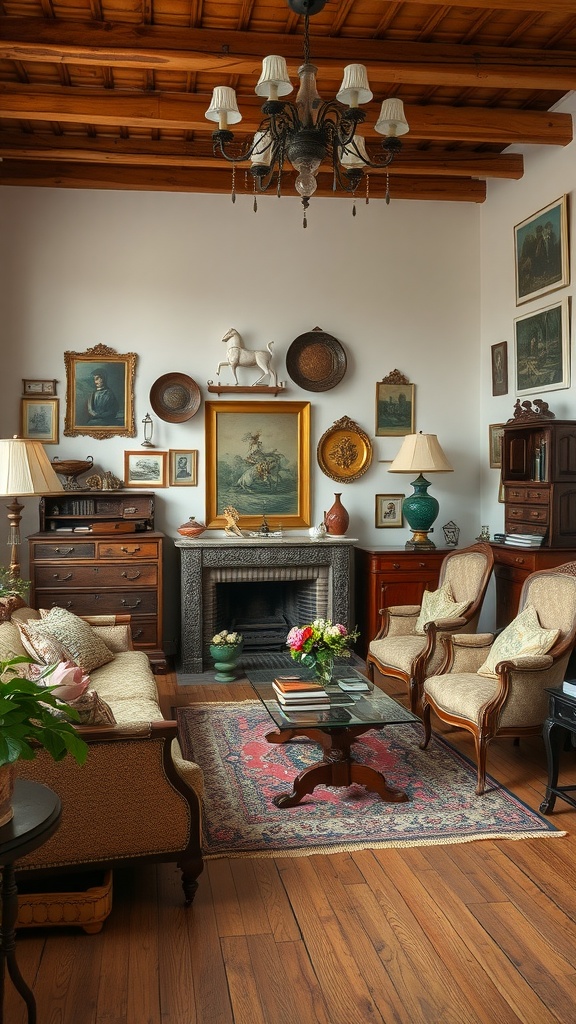 A vintage-inspired living room with antique furniture, framed art, and a cozy atmosphere.