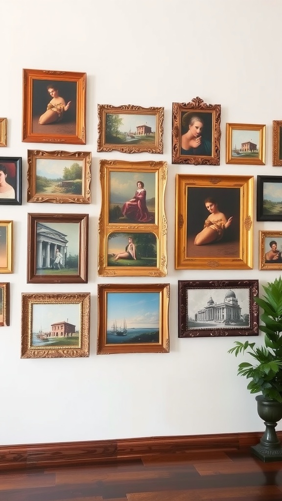 A wall decorated with a variety of vintage frames containing different artworks, complemented by a green plant.