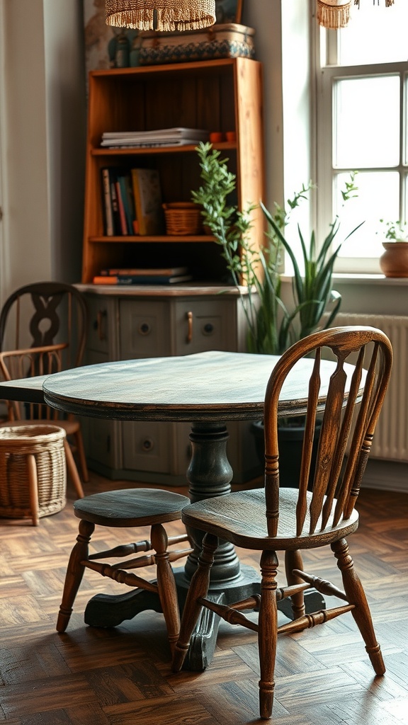 A vintage round table with a wooden chair in a cozy room, featuring a bookshelf and plants.