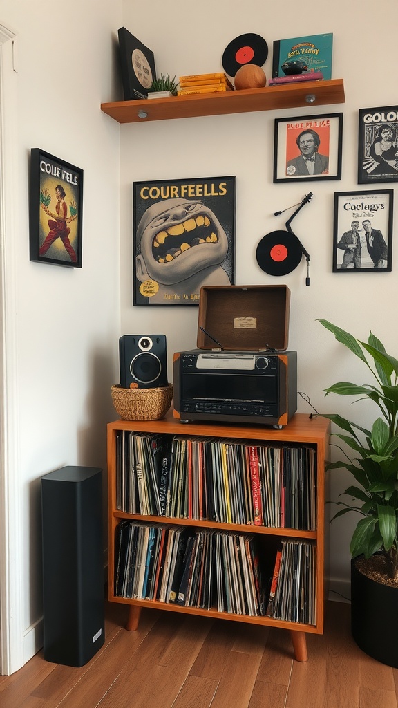 A vintage record display with a record player, vinyl records, and decorative items.