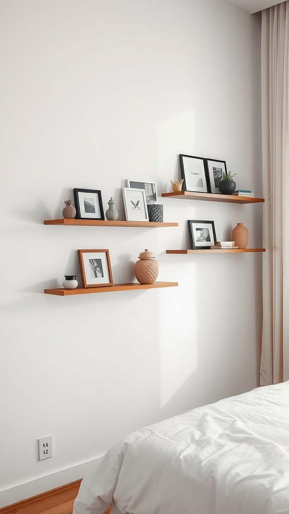 A clean and elegant display of wall-mounted shelves with decorative items and frames in a bedroom setting.