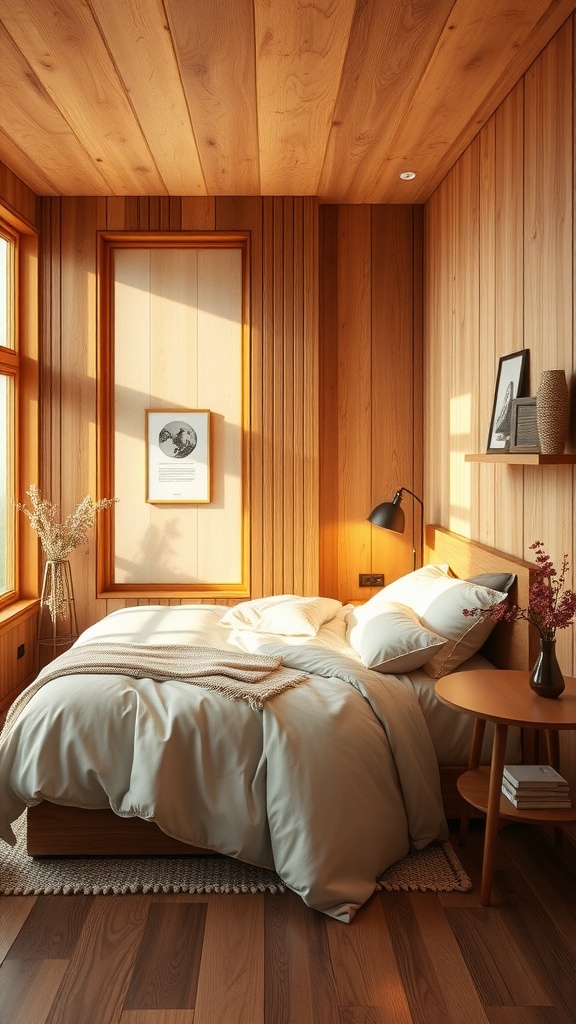 A cozy bedroom with warm wood accents, featuring wooden walls, a comfortable bed, and natural light.