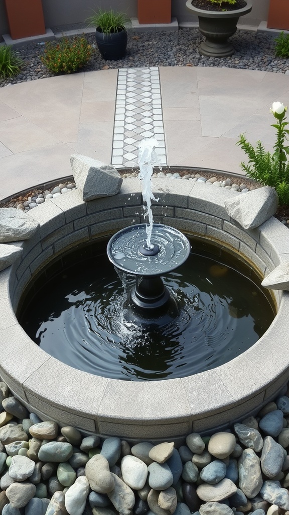 A circular fountain with flowing water surrounded by smooth rocks and greenery on a patio.