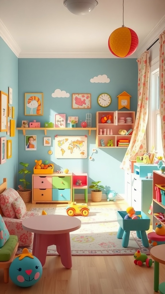 A colorful and playful children's room featuring whimsical decor elements, including bright walls, cheerful furniture, and playful artwork.
