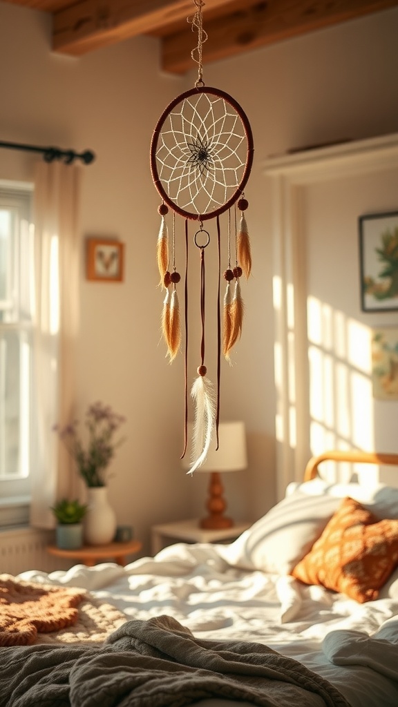 A whimsical dreamcatcher hanging in a softly lit bedroom.