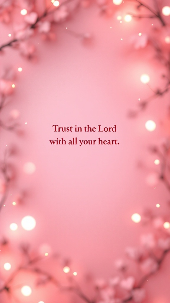 A pink background with soft lights and a floral touch featuring the phrase 'Trust in the Lord with all your heart.'