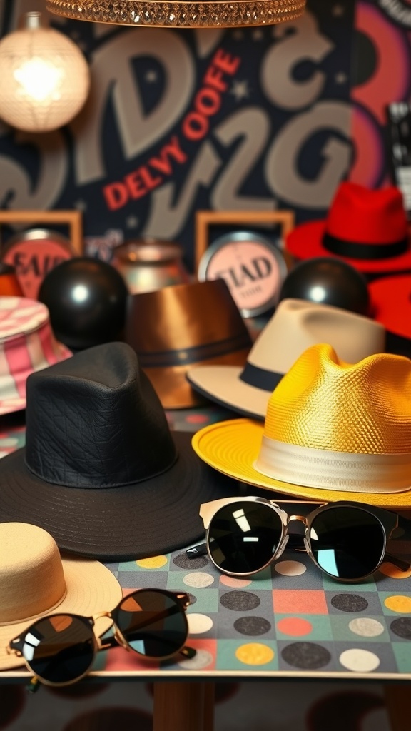 A display of colorful hats and sunglasses on a table, showcasing funky accessories ideal for disco outfits.