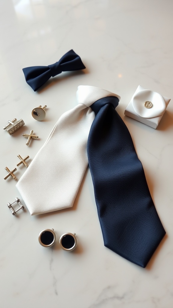 A collection of men's wedding accessories including ties, cufflinks, earrings, and a boutonniere.