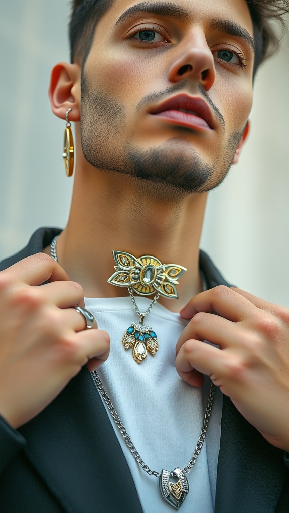 A close-up of a man wearing statement jewelry, including layered necklaces and large hoop earrings.