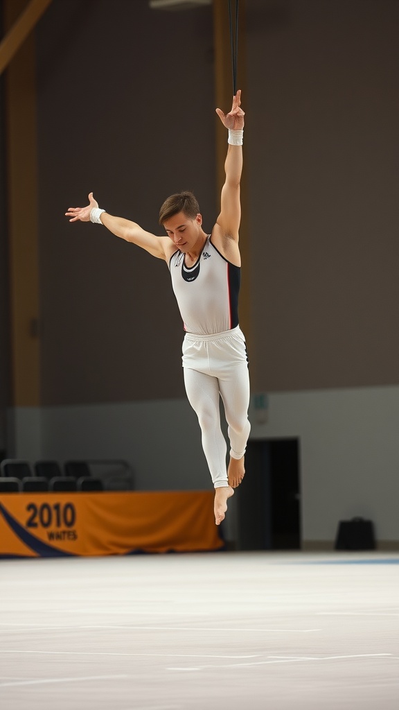 A male gymnast performing on rings, showcasing athletic tank top and flexibility.