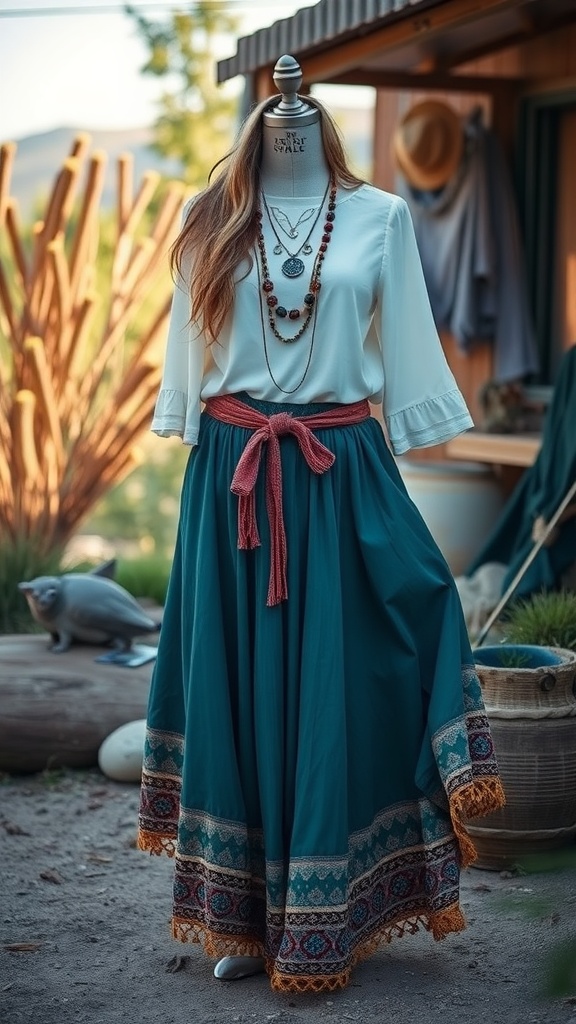 A mannequin dressed in a bohemian style outfit featuring a flowy teal skirt, light blouse, and layered necklaces, set against a natural outdoor backdrop.