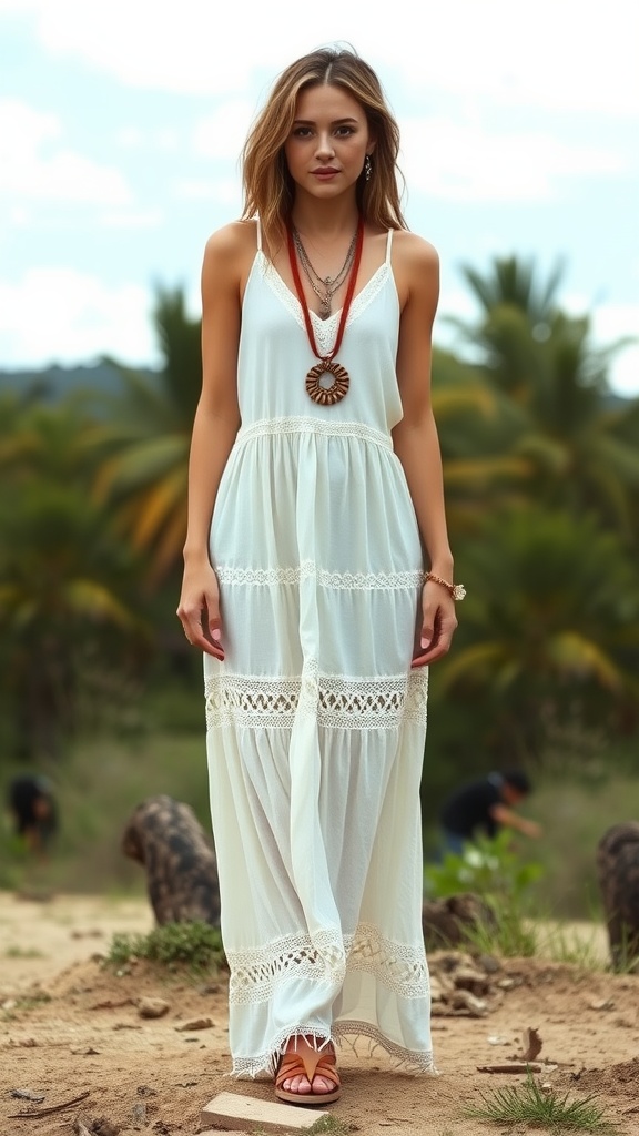 Model in a white flowy maxi dress with layered necklaces, posing outdoors.