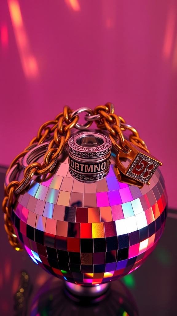 A disco ball with bold jewelry including a thick gold chain and decorative rings.